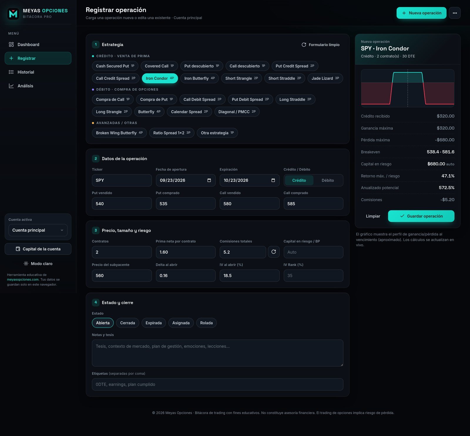 Registro de una operación con cálculo en vivo